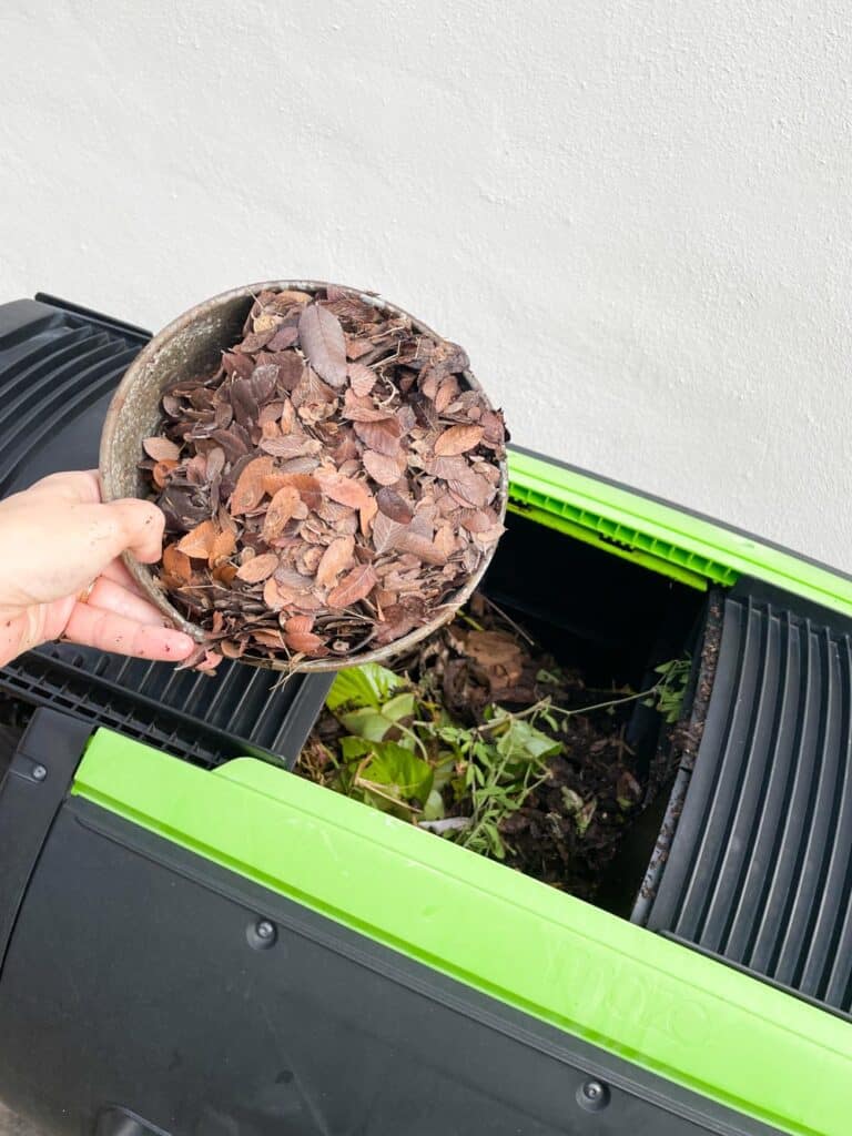 Leaves being added to compost tumbler.